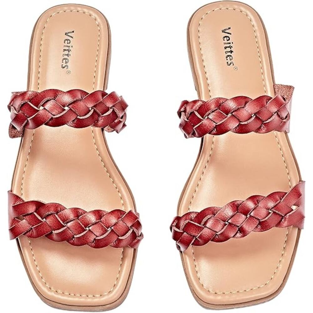 Veittes Womens Size 9.5 Brown Faux Leather Braided Strap Flat Slide Sandal Shoes
